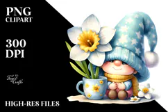 Cute Watercolor Gnome with Big Hat and Narcissus, PNG Product Image 2
