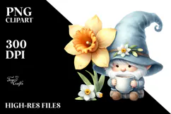 Cute Watercolor Gnome with Big Hat and Narcissus on the Product Image 2