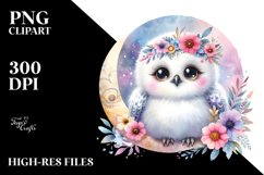 Colorful Baby Snowy Owl under Moon and Flowers | Clipart Product Image 3