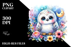 Colorful Baby Snowy Owl under Moon and Flowers | Clipart Product Image 3