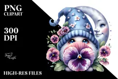 Cute Watercolor Gnome with Big Hat and Pansy on the Moon, Product Image 2