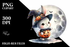 Washed Watercolor Bunny on Halloween Moon PNG Product Image 1
