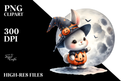 Washed Watercolor Bunny on Halloween Moon PNG Product Image 2