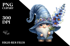 Cute Watercolor Gnome with Big Hat and Delphinium, PNG Product Image 2