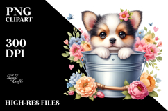 Cute Baby Dog in Wood Bucket PNG Product Image 2