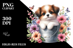 Cute Baby Dog in Wood Bucket PNG Product Image 2