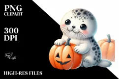 Cute Baby Seal with Pumpkin, PNG Product Image 1