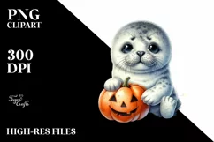 Cute Baby Seal with Pumpkin, PNG Product Image 1