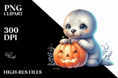 Cute Baby Seal with Pumpkin, PNG Product Image 3