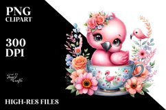 Colorful Baby Flamingo in Tea Cup with Flowers | Clipart Product Image 1