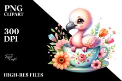 Colorful Baby Flamingo in Tea Cup with Flowers | Clipart Product Image 1