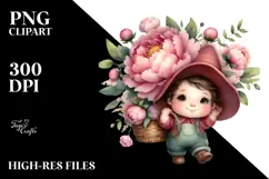 Cute Baby Gnome with Peonies PNG Product Image 2