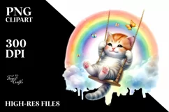 Colorful Watercolor Baby Cat Swinging from Rainbow Clipart Product Image 3
