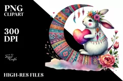 Colorful Boho Rabbit on Moon with Heart PNG Product Image 2