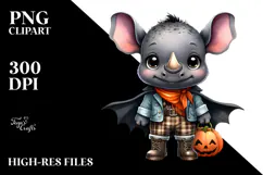Watercolor Baby Rhino Big Eyes Dressed for Halloween Clipart Product Image 2