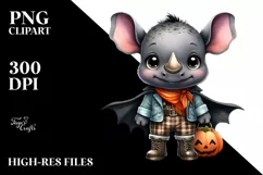 Watercolor Baby Rhino Big Eyes Dressed for Halloween Clipart Product Image 1
