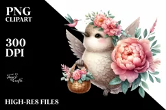 Cute Baby Hummingbird with Peonies | Clipart Product Image 1