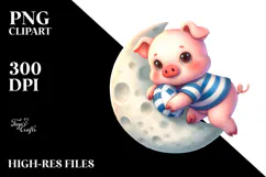 Cute Baby Pig Playing Rugby on Moon | Clipart Product Image 2