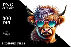 Highland Calf with Heart Shaped Sunglasses PNG Product Image 2