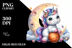 Watercolor Unicorn Basketball Moon Clipart Product Image 3