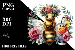 Watercolor Bee Adorned with Flowers Enjoying a Cocktail | Product Image 3