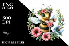 Watercolor Bee Adorned with Flowers Enjoying a Cocktail | Product Image 1