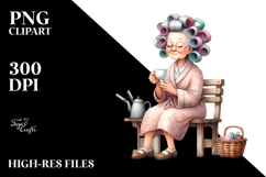 Old Lady Watercolor Character Tea Cup Bench | Clipart Product Image 2