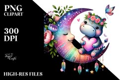 Colorful Boho Hippo on Moon with Heart PNG Product Image 2
