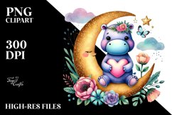 Colorful Boho Hippo on Moon with Heart PNG Product Image 2