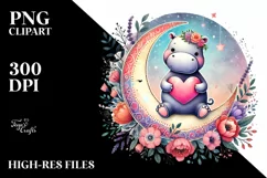 Colorful Boho Hippo on Moon with Heart PNG Product Image 2