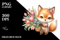 Cute Baby Fox Holding Flower Basket | Sublimation Clipart Product Image 1