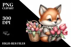 Cute Baby Fox Holding Flower Basket | Sublimation Clipart Product Image 1