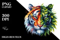 Vibrant Tiger with Plant Leaves, PNG Product Image 1