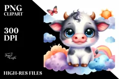 Vibrant Colorful Smiling Baby Cow with Clouds | Clipart Product Image 1