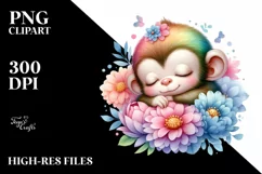 Colorful Baby Monkey Sleeping in a Flower | Clipart Product Image 3