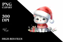 Watercolor Cat with Santa Hat, PNG Product Image 1