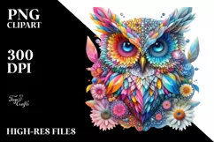 Vibrant Owl with Diamond Flowers PNG Product Image 1