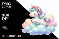 Colorful Baby Unicorn Bouncing on Cloud Puff, PNG Product Image 1