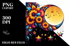Retro Half Moon with Vibrant Stars and Sunflowers PNG Product Image 3