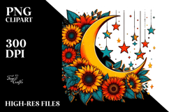 Vibrant Moon with Stars and Sunflowers PNG Product Image 2
