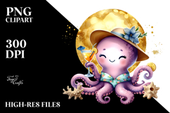 Octopus in Beachwear Drinking Cocktail, Watercolor PNG Product Image 2