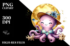 Octopus in Beachwear Drinking Cocktail, Watercolor PNG Product Image 2