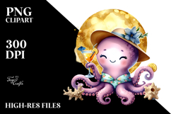 Cute Octopus in Beachwear Drinking a Cocktail, PNG Product Image 2