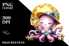 Cute Octopus in Beachwear Drinking a Cocktail, PNG Product Image 2