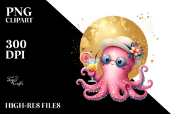 Octopus in Beachwear Drinking Cocktail, Watercolor PNG Product Image 2