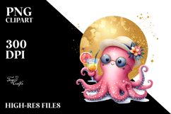 Cute Octopus in Beachwear Drinking a Cocktail, PNG Product Image 2