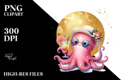 Cute Octopus in Beachwear Drinking a Cocktail, PNG Product Image 2