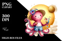 Cute Octopus in Beachwear Drinking a Cocktail, PNG Product Image 2