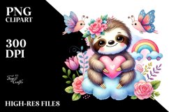 Colorful Boho Sloth on Cloud with Heart PNG Product Image 2