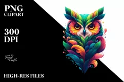 Vibrant Owl with Plant Leaves, PNG Product Image 1